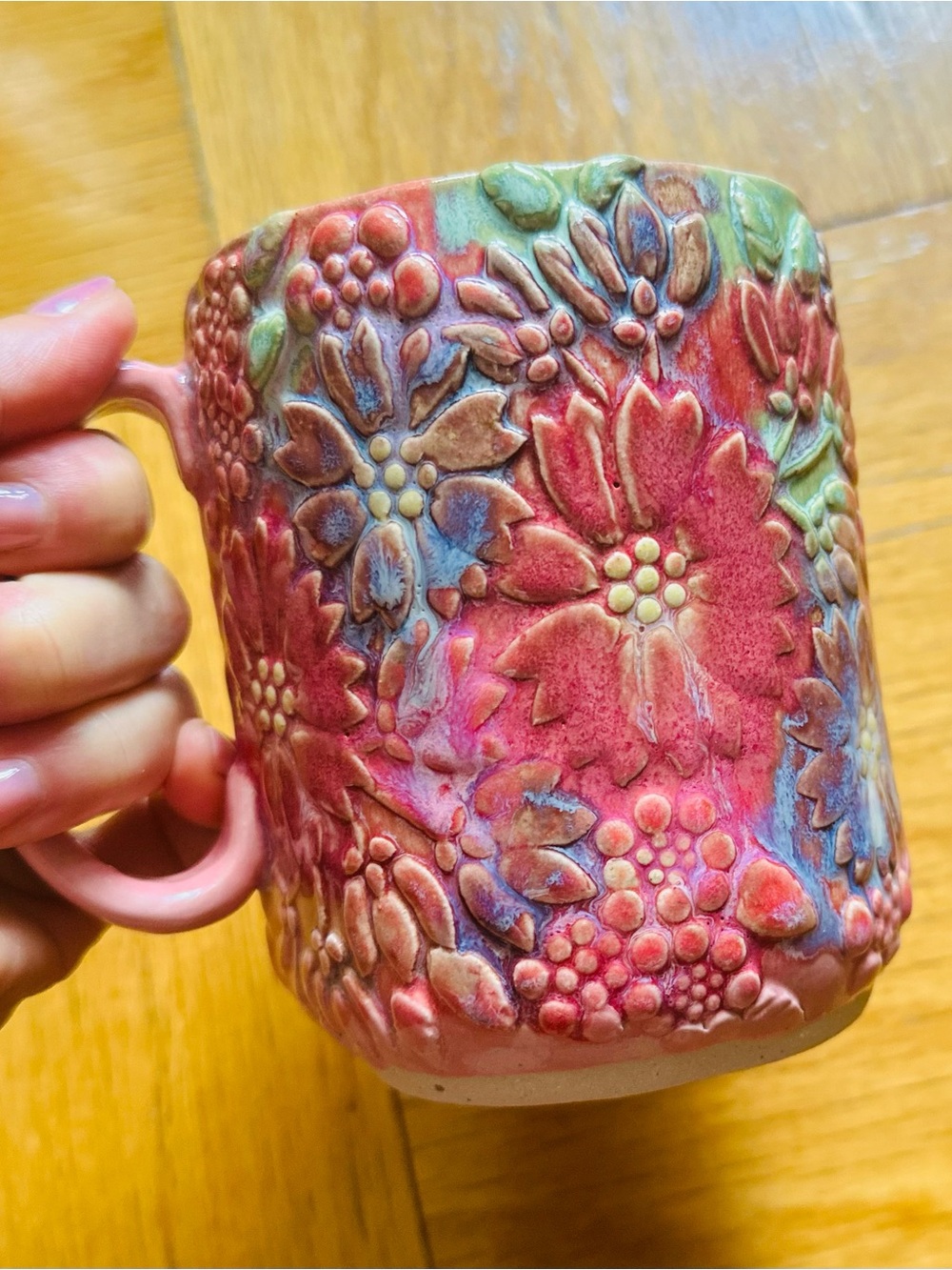 Handcrafted Floral Embossed Ceramic Mug - Pink Multitone